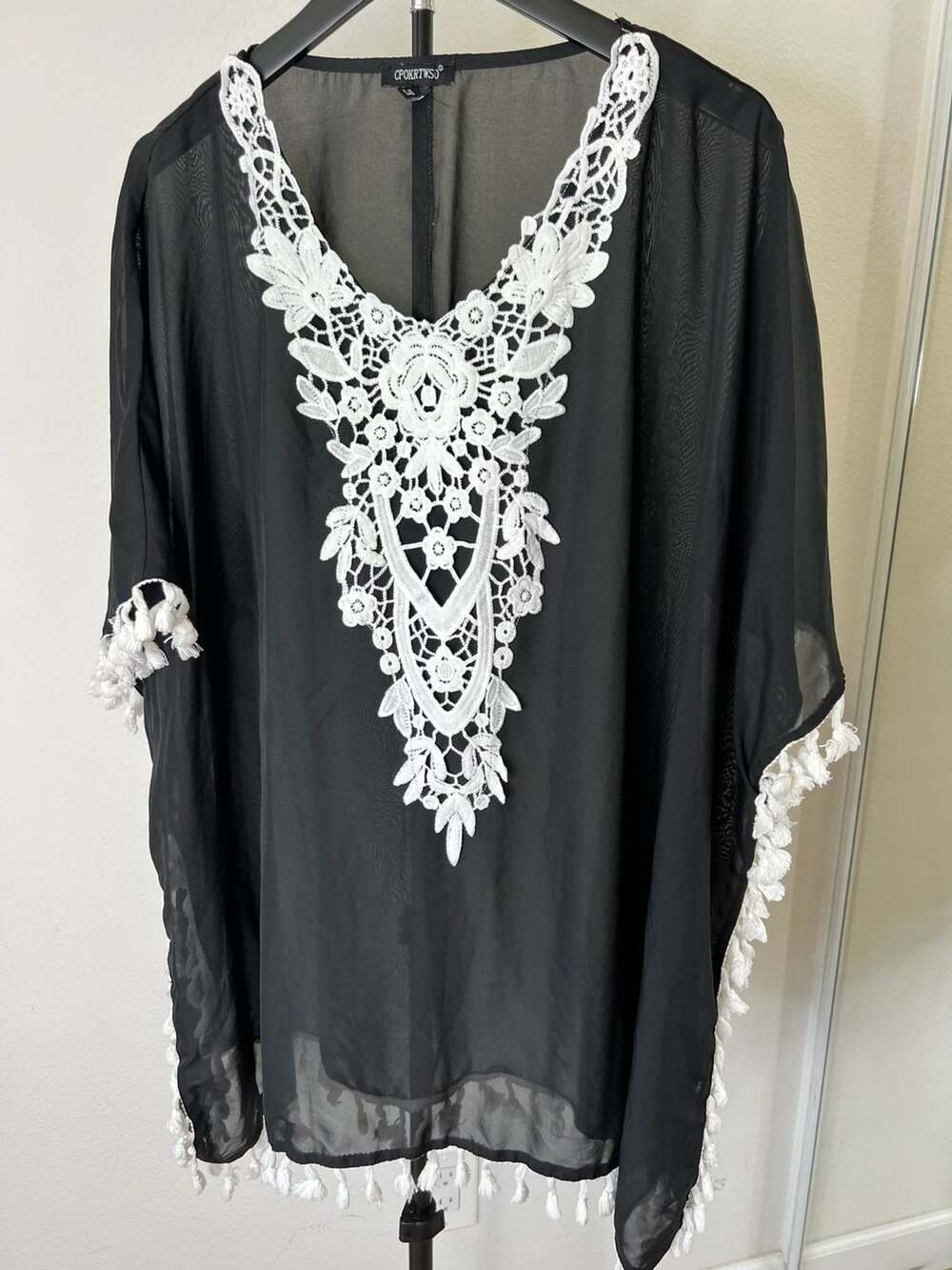 Black Sheer Chiffon Swimsuit Beach Cover Up with White Floral Lace and Tassel Fr